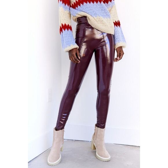 Spanx Faux Patent Leather Leggings Maroon - Picture 1 of 12